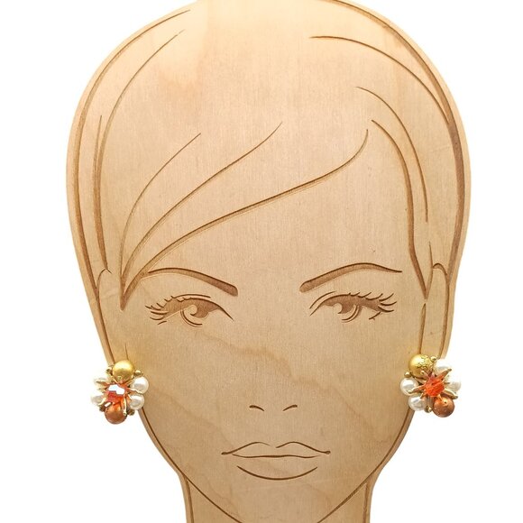 Vintage Autumn Cluster Clip-On Earrings Gold & Faux Pearl Beads with Faceted Ora - Picture 3 of 4